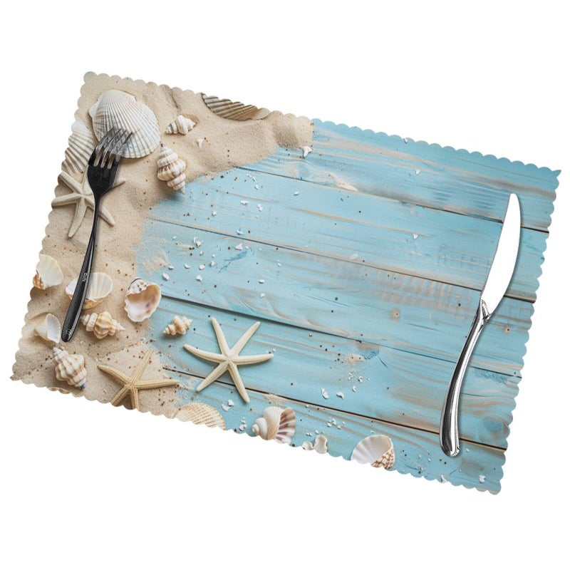 Mount Hour Sea Shell Beach Summer Starfish Board Placemats Set of 6 Heat-Resistant Washable Table Non-Slip Place Mat for Dining Table 12 X 18 Inches - Image 1